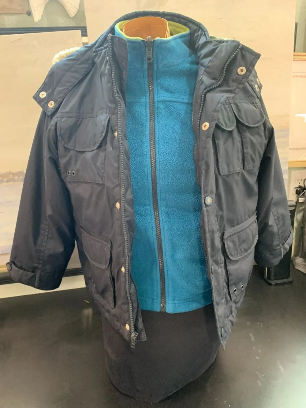Gymboree coat with separate fleece liner and detachable hood sz S 5-6 navy
